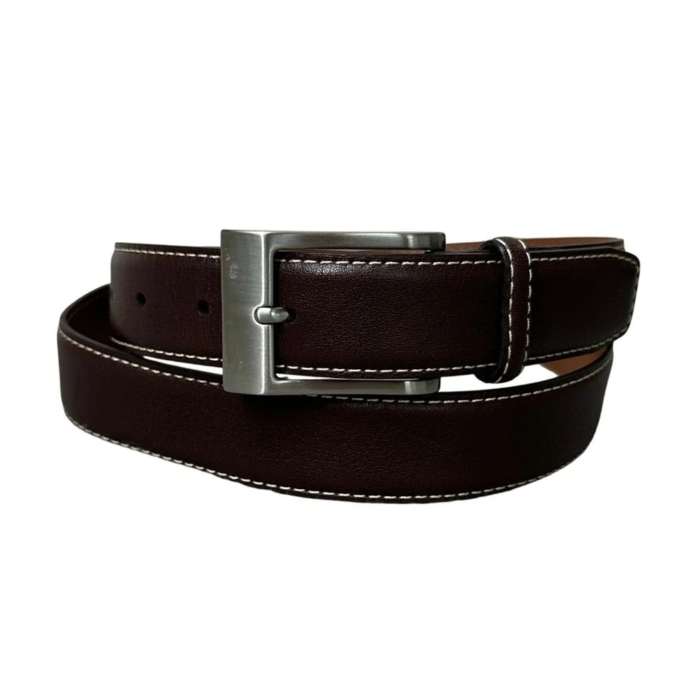 Johnston & Murphy Mens Brown Leather Dress Belt 38 Silver Buckle 75-0540